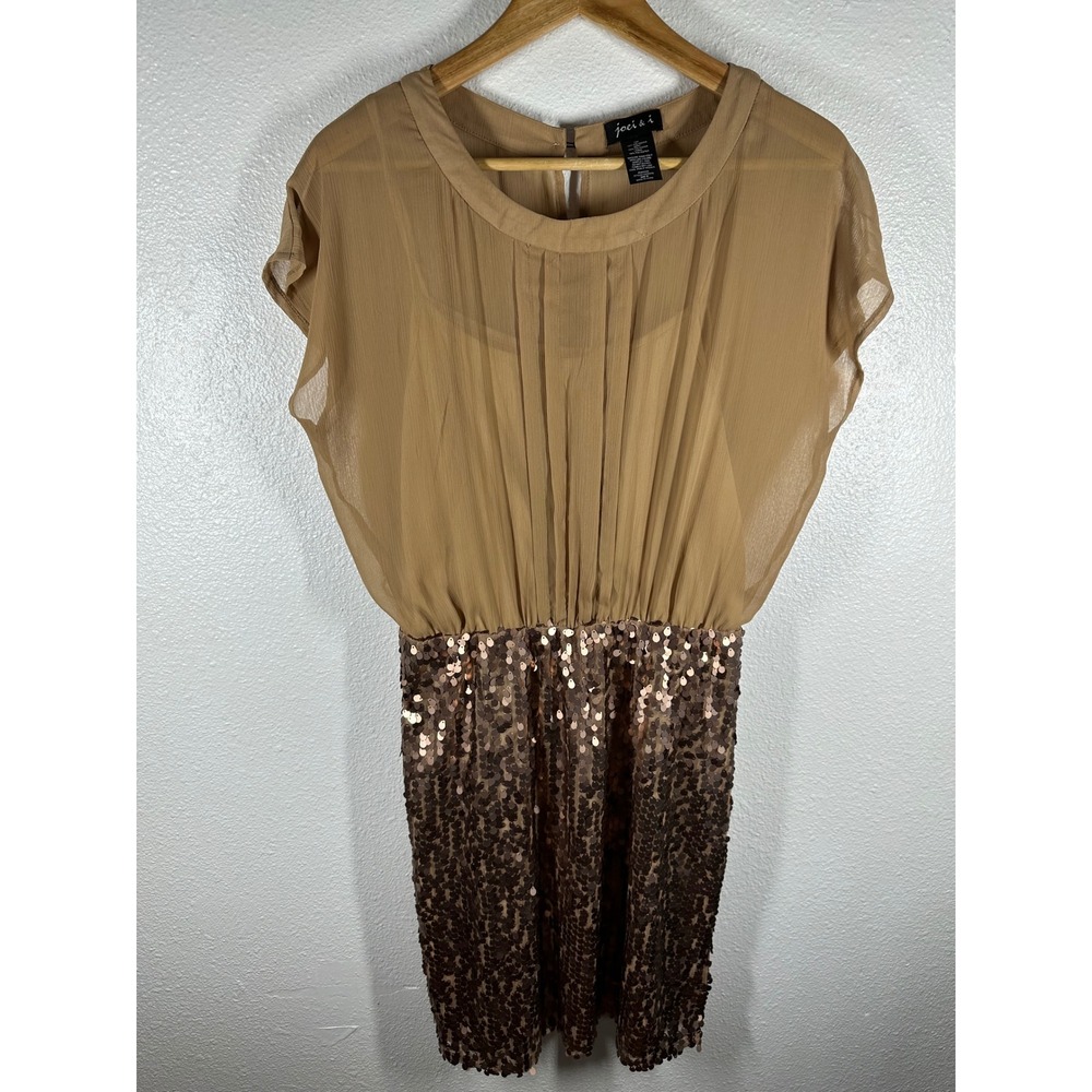Joei & I Dress Womens Medium Tan Sequined Skirt Chiffon‎ Pleated Cocktail Mini